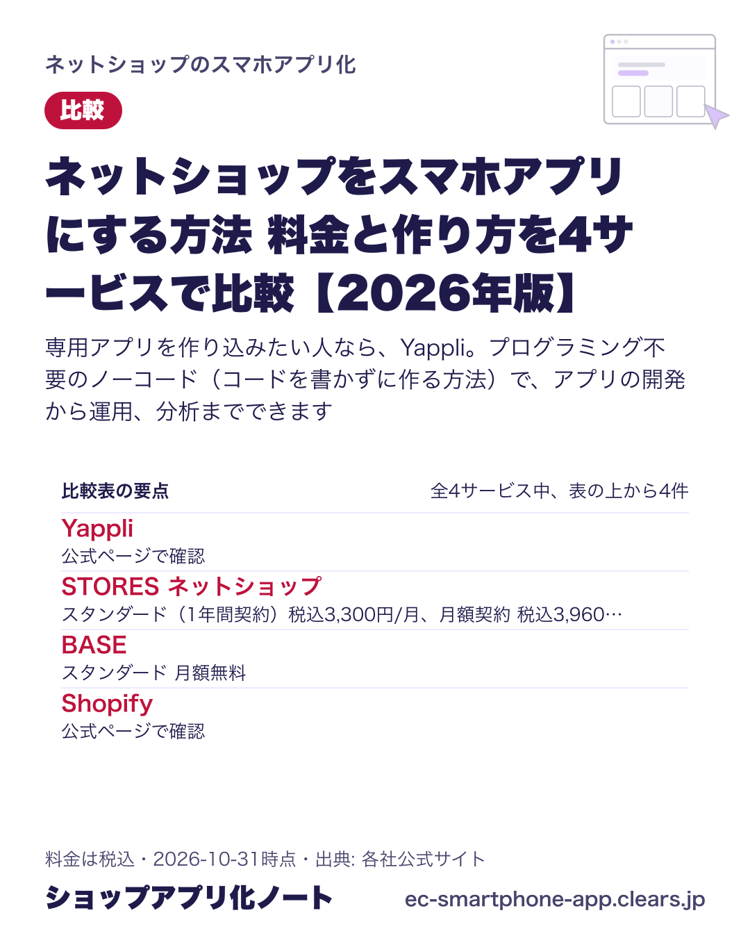 ネットショップをスマホアプリにする方法 料金と作り方を4サービスで比較【2026年版】の比較表の要点